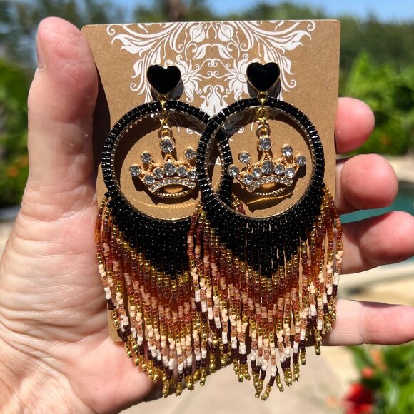 Handmade Beaded Queen Long Fringe Dangle Drop Lightweight Post Hoop Earrings - Picture 9 of 10